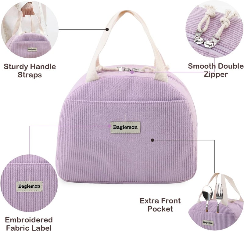 Baglemon Lunch Bag for Women Men Cute Corduroy Lunch Tote Bags Reusable Insulated Lunch Box Large Capacity Reusable Insulated Cooler for Work/Picnic/Travel - Image 4